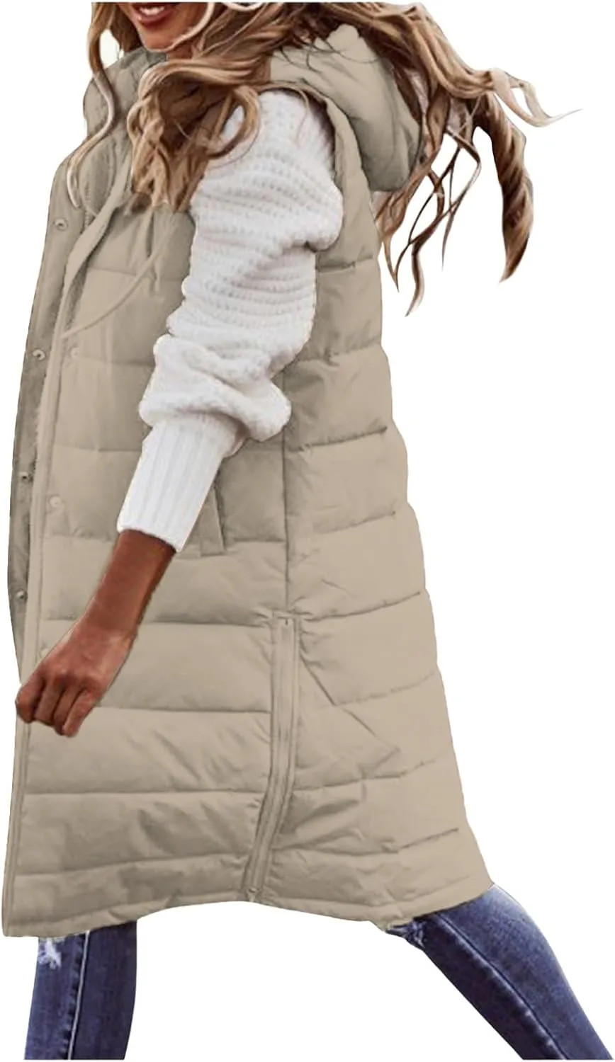Womens Quilted Puffer Vest with Hooded Zipper Lightweight Long Down Sleeveless Jackets Warm Winter Coats with Pockets