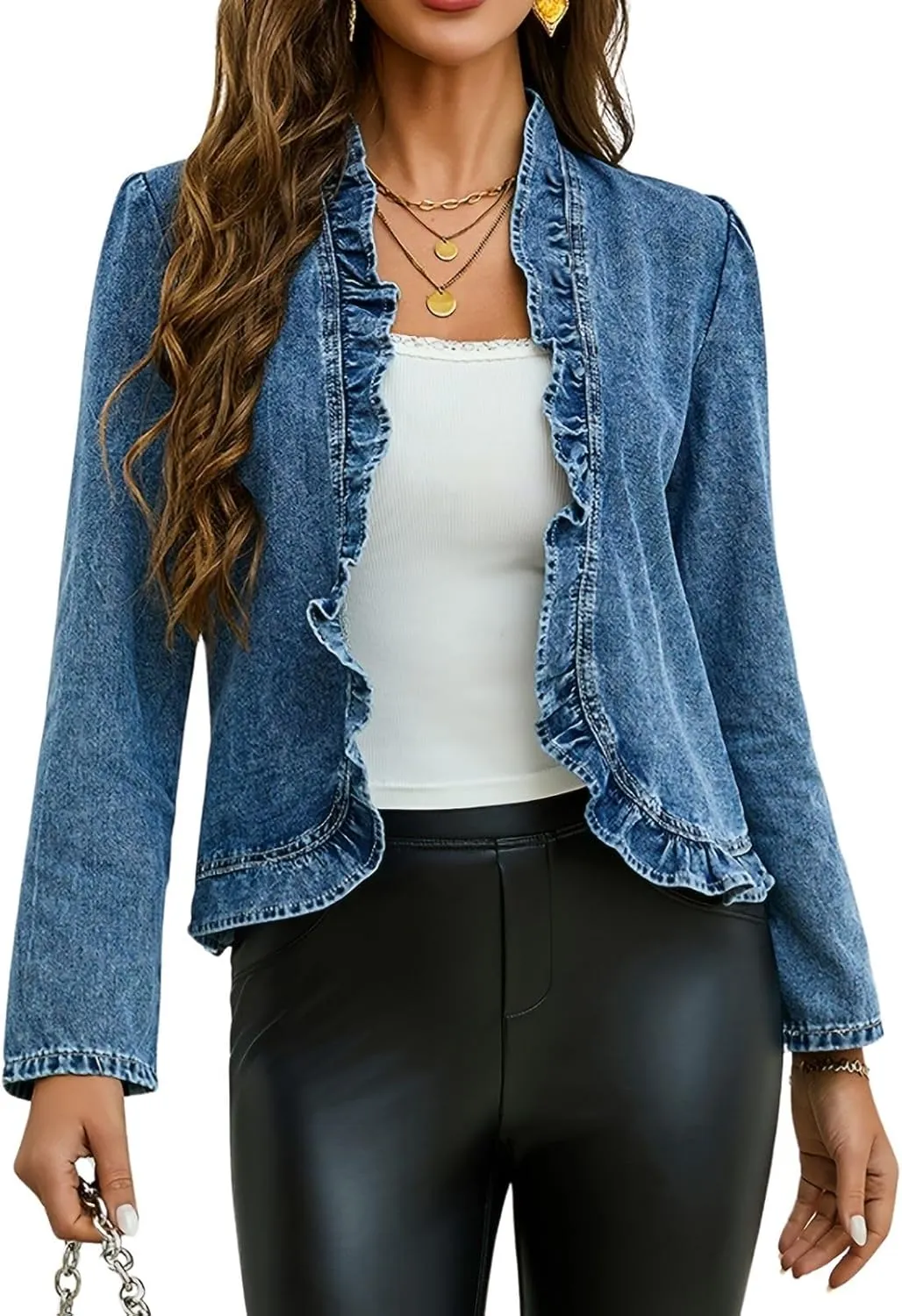 Women's Ruffled Denim Jackets Long Sleeve Open Front Jean Cropped Top Coat 2025 Trendy Jean Jackets