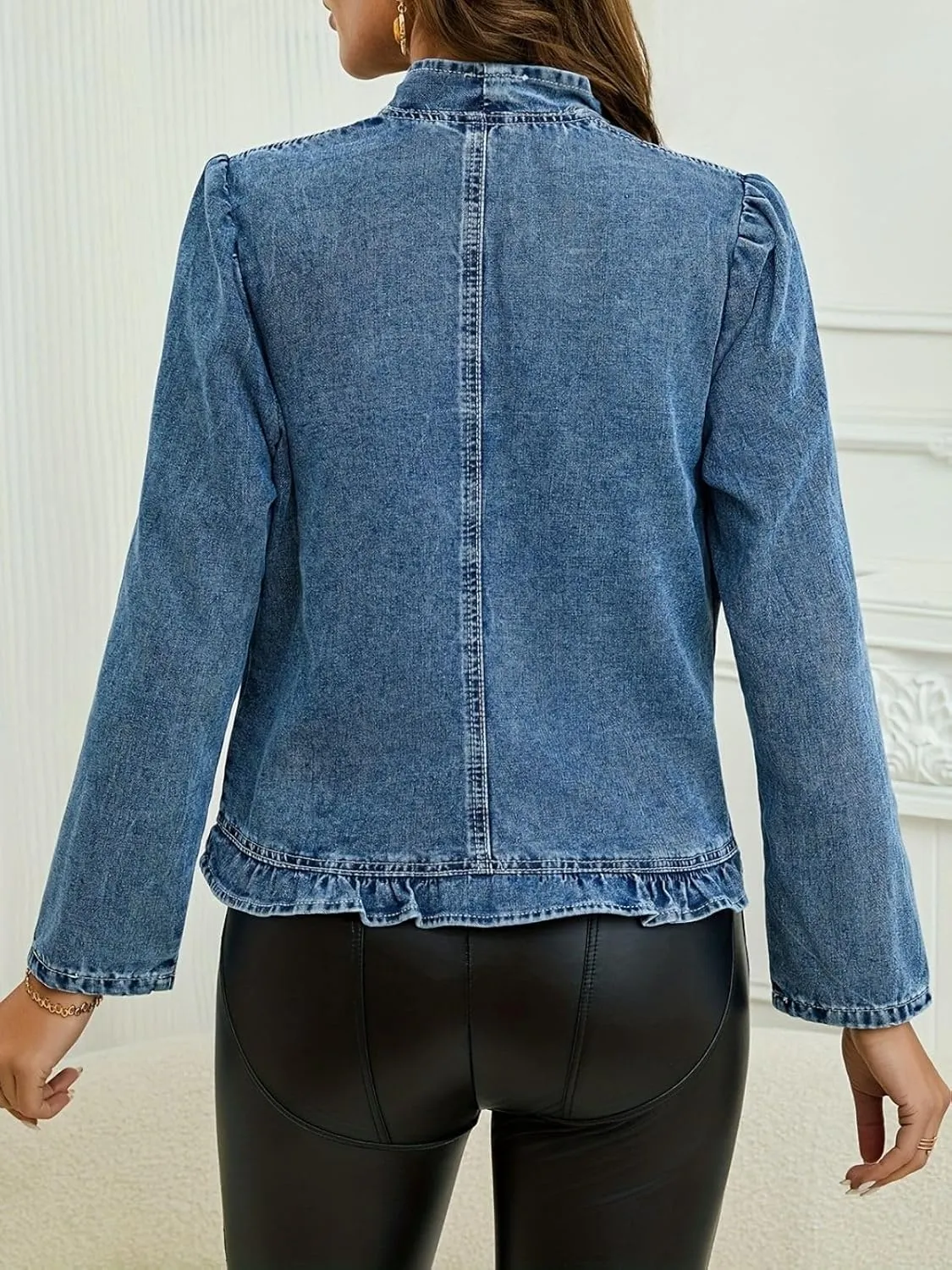 Women's Ruffled Denim Jackets Long Sleeve Open Front Jean Cropped Top Coat 2025 Trendy Jean Jackets