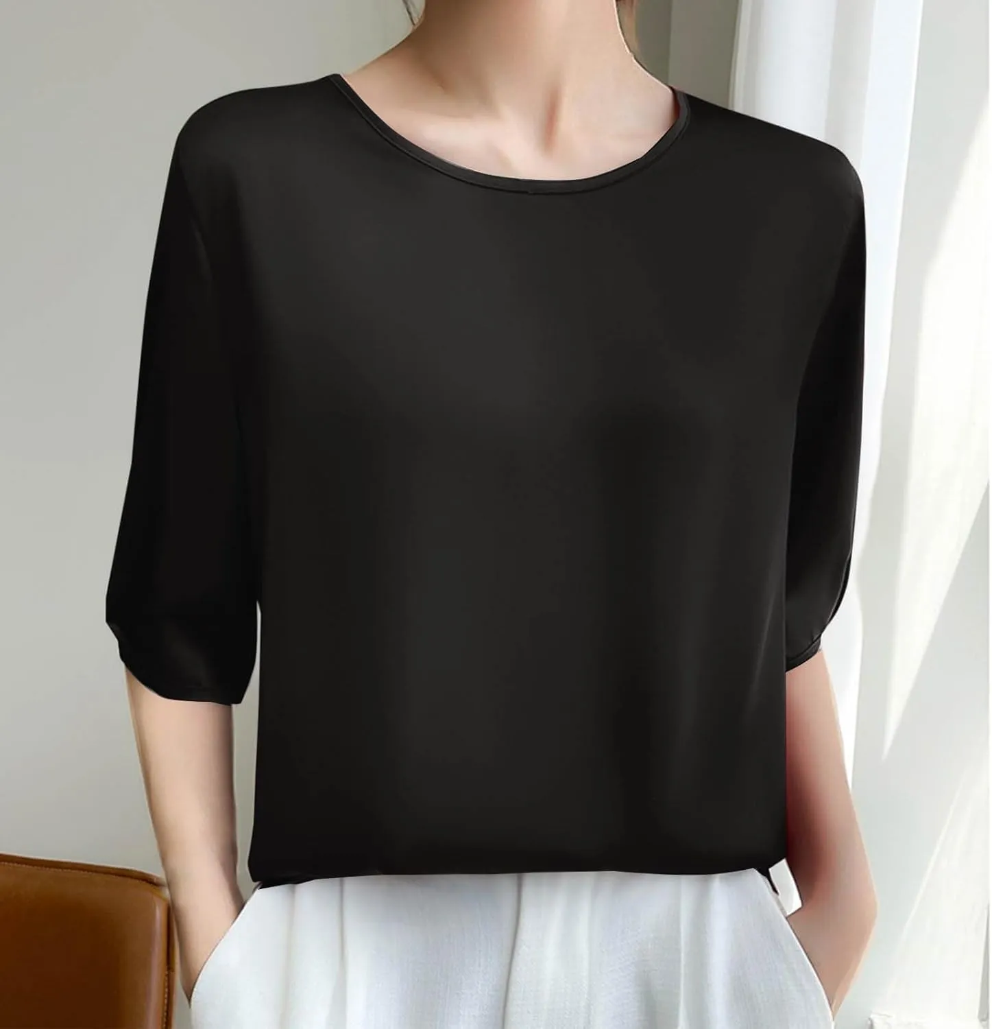Women's Satin Blouse Dressy Casual 3/4 Sleeve Silk Tops Crewneck Formal Business Office Work Shirt Tee Cute Tshirt