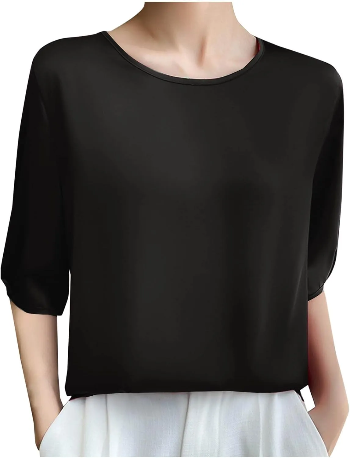 Women's Satin Blouse Dressy Casual 3/4 Sleeve Silk Tops Crewneck Formal Business Office Work Shirt Tee Cute Tshirt