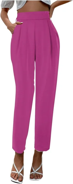 Women's Satin High Waist Pants Casual Pleated Loose Business Trousers Straight Leg Office Slacks Pants with Pockets