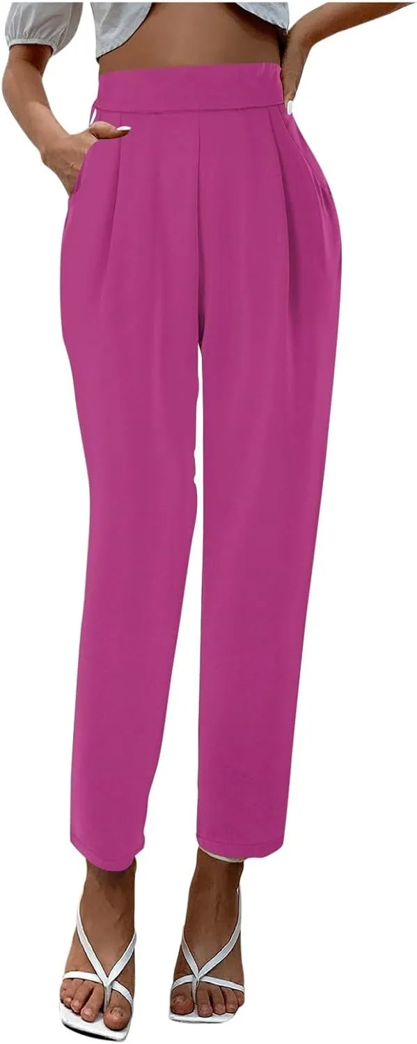 Women's Satin High Waist Pants Casual Pleated Loose Business Trousers Straight Leg Office Slacks Pants with Pockets