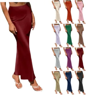Womens Satin High Waisted Skirts Silk Elegant Maxi Skirts Casual A Line Long Skirt Cocktail Party Weekend Midi Skirts