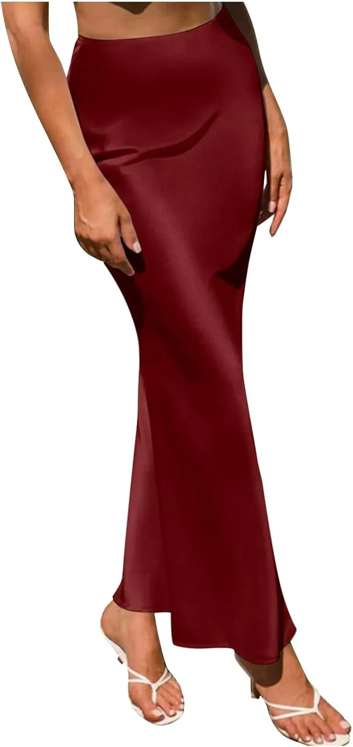 Womens Satin High Waisted Skirts Silk Elegant Maxi Skirts Casual A Line Long Skirt Cocktail Party Weekend Midi Skirts