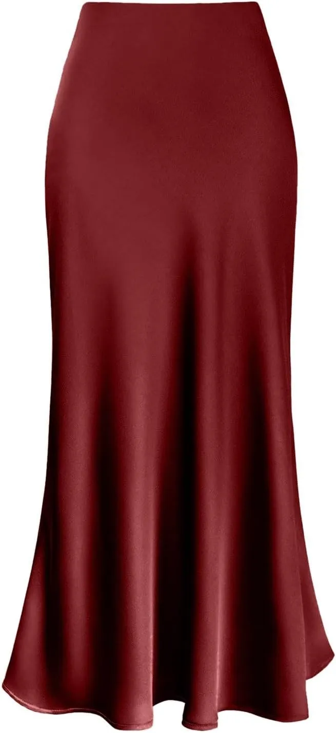 Womens Satin High Waisted Skirts Silk Elegant Maxi Skirts Casual A Line Long Skirt Cocktail Party Weekend Midi Skirts