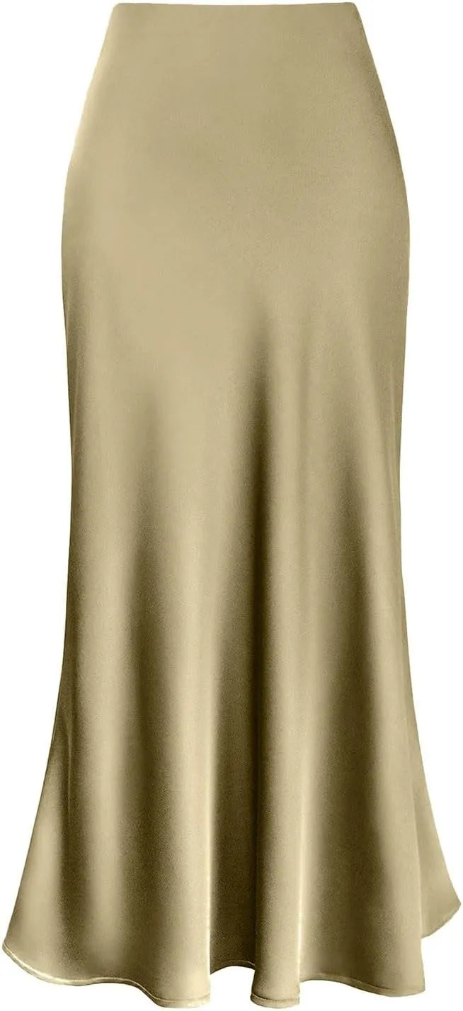Womens Satin High Waisted Skirts Silk Elegant Maxi Skirts Casual A Line Long Skirt Cocktail Party Weekend Midi Skirts