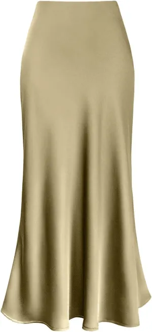 Womens Satin High Waisted Skirts Silk Elegant Maxi Skirts Casual A Line Long Skirt Cocktail Party Weekend Midi Skirts