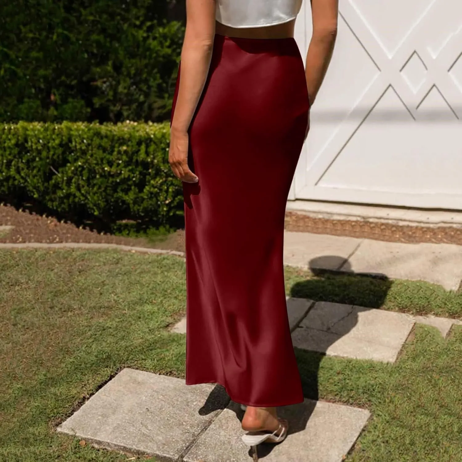 Womens Satin High Waisted Skirts Silk Elegant Maxi Skirts Casual A Line Long Skirt Cocktail Party Weekend Midi Skirts