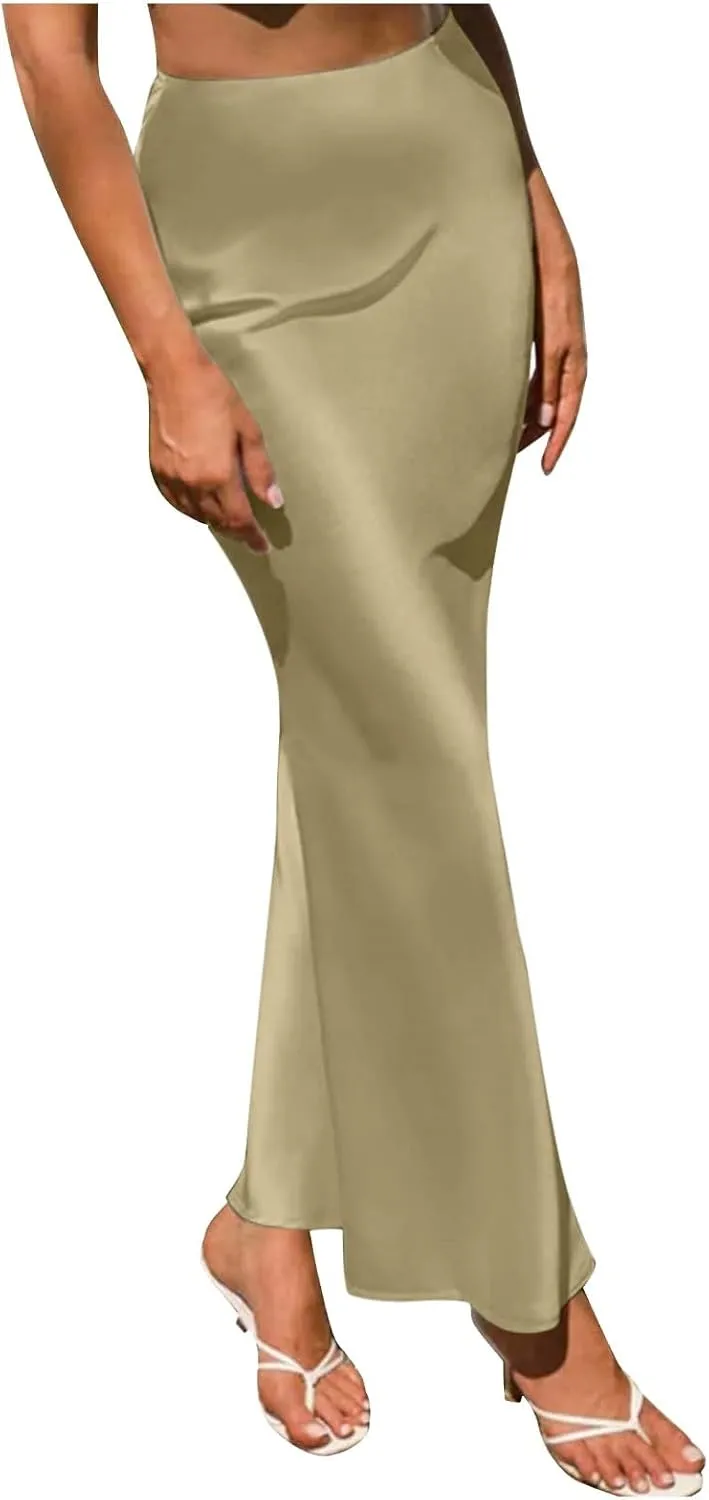 Womens Satin High Waisted Skirts Silk Elegant Maxi Skirts Casual A Line Long Skirt Cocktail Party Weekend Midi Skirts