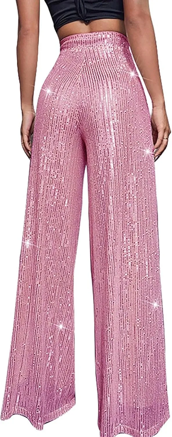 Womens Sequin Pants High Waist Wide Leg Sparkle Glitter Trousers Bell Bottom Night Out Clubwear Shiny Pants