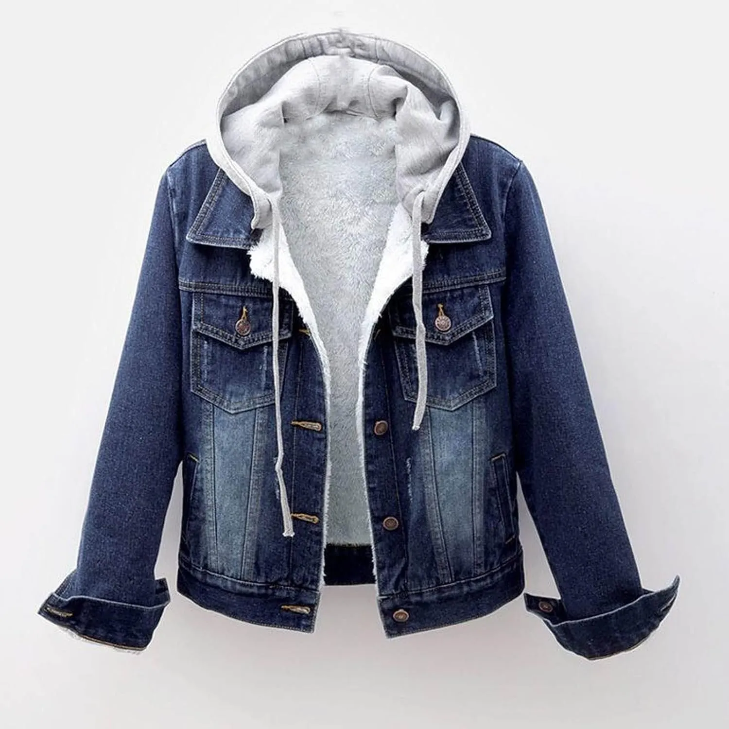 Womens Sherpa Fleece Lined Hoodie Denim Jacket 2022 Winter Jean Jacket Coats Oversized Long Sleeve Trucker Jacket Coat