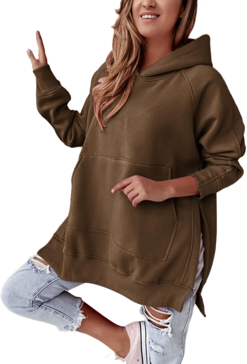 Women's Side Split Oversized Hoodies Sweatshirts Raglan Loose Fit Casual Solid Long Sleeve Pullover Tops with Kangroo Pocket