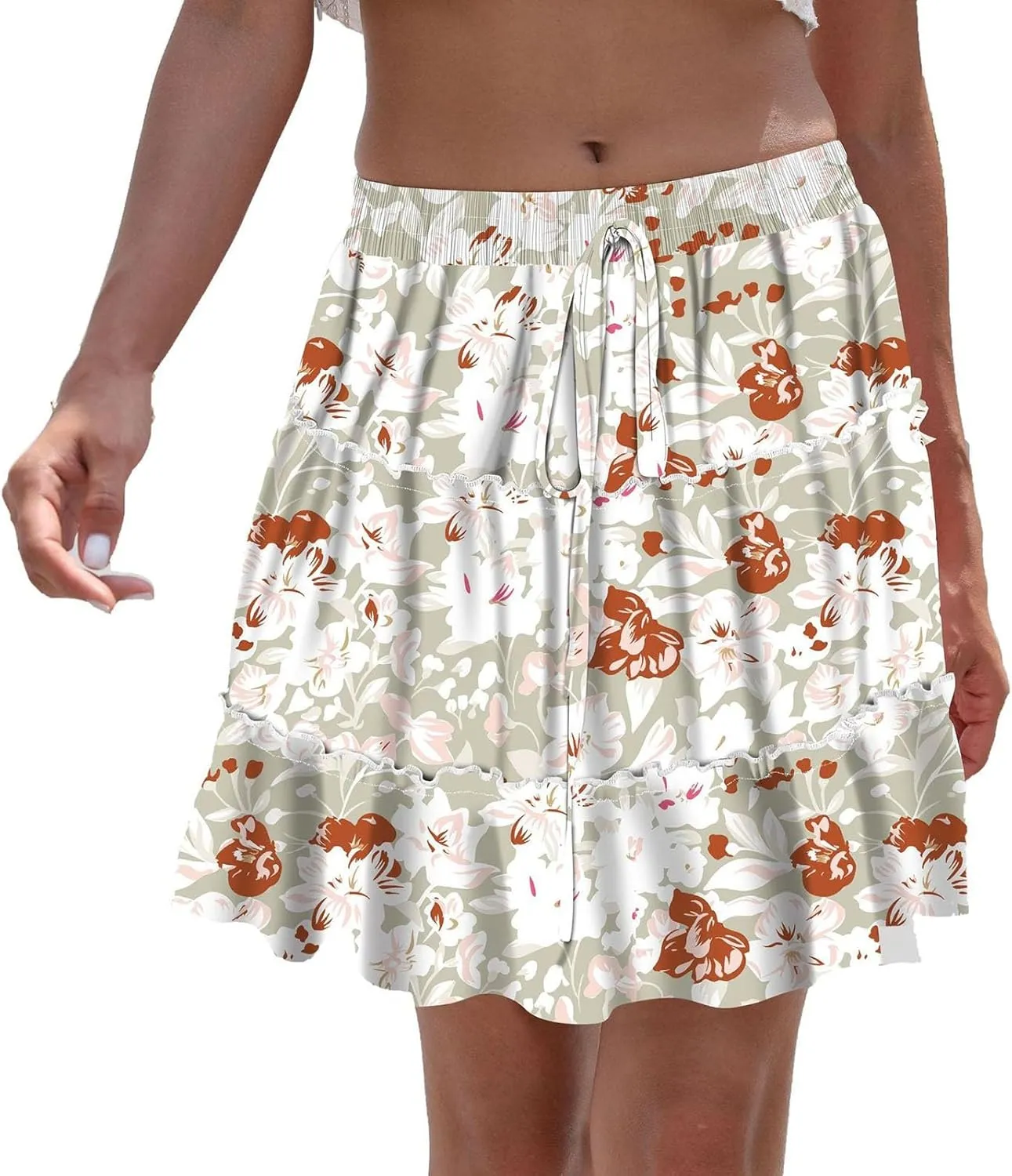 Women's Skirts Boho Mini Skirt Fashion Loose Fit Cute Floral Printed Drawstring High Waist Summer Beach Short Skirts