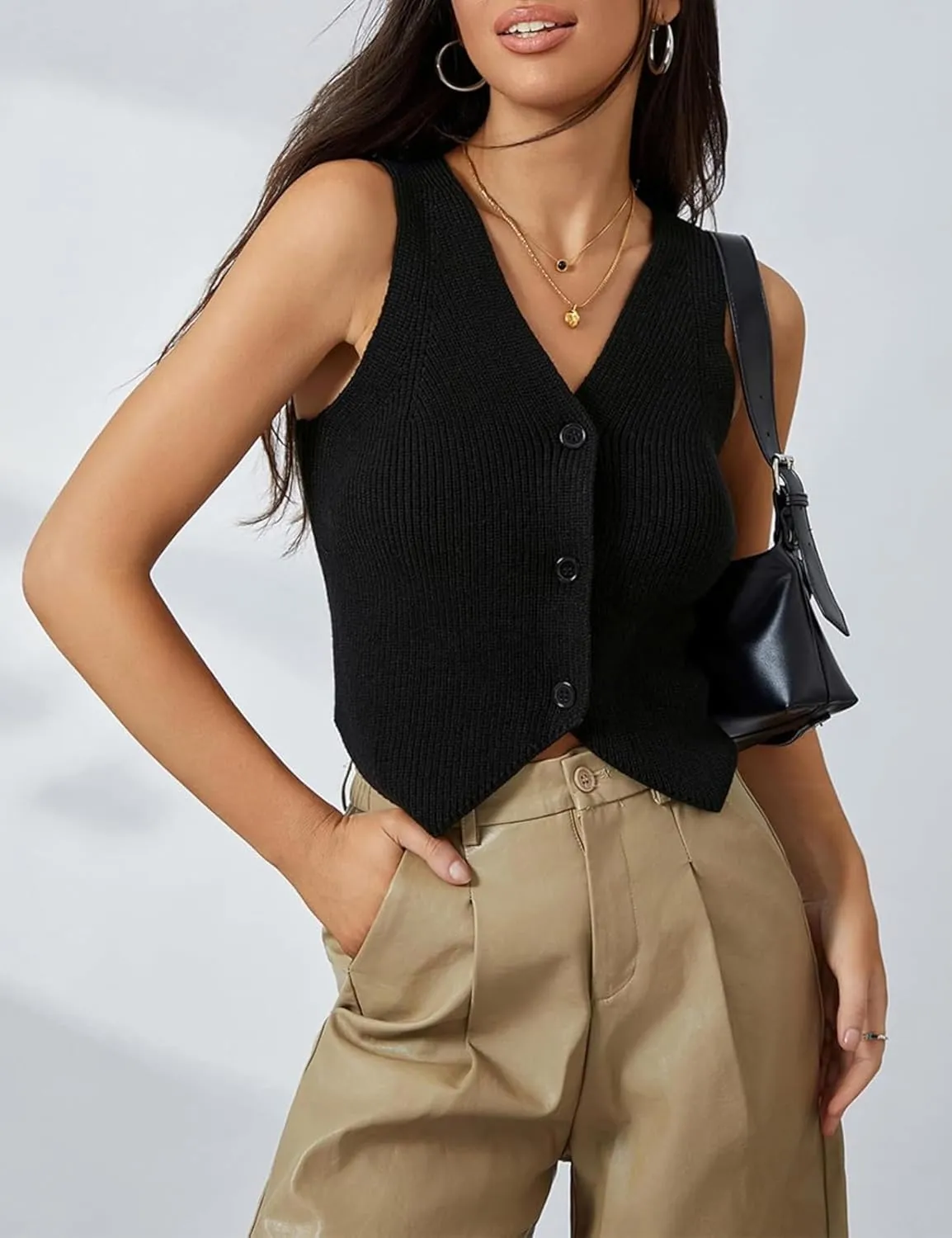 Women's Sleeveless Sweater Vest Casual V Neck Cropped Button Down Knit Vest Tank Tops