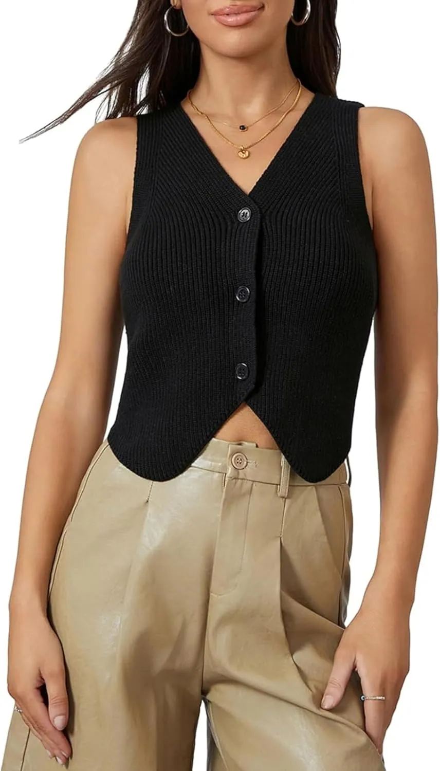Women's Sleeveless Sweater Vest Casual V Neck Cropped Button Down Knit Vest Tank Tops