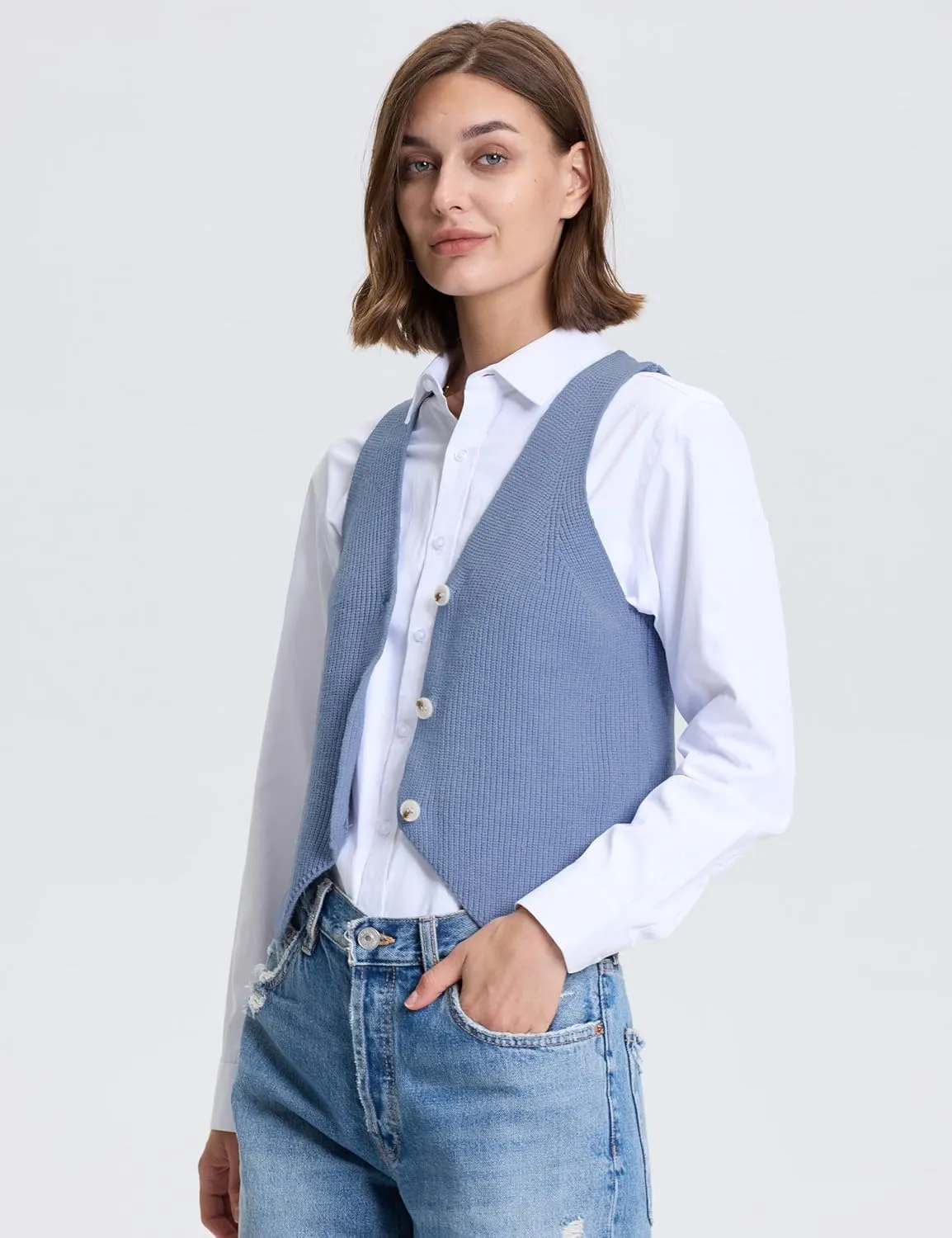 Women's Sleeveless Sweater Vest Casual V Neck Cropped Button Down Knit Vest Tank Tops