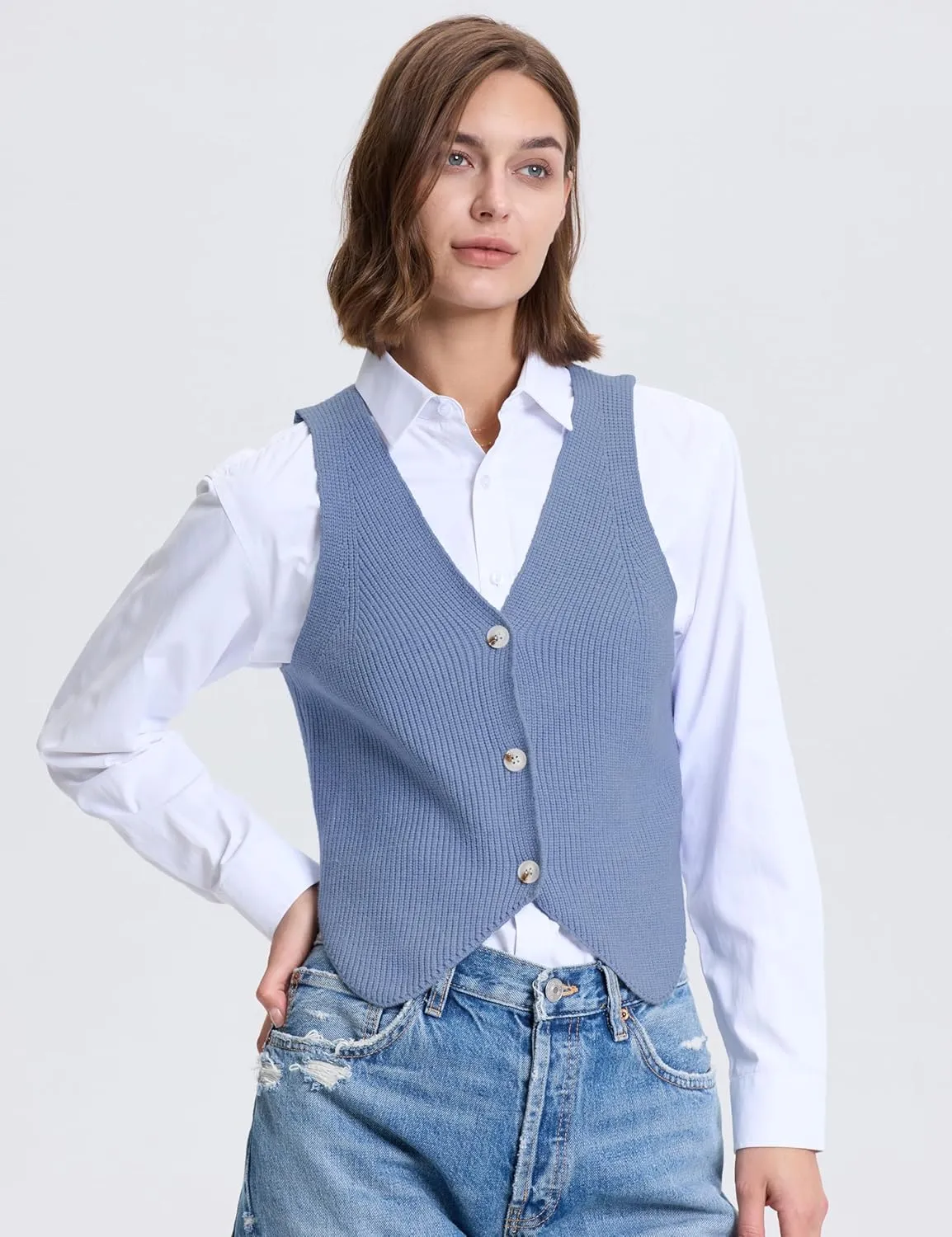 Women's Sleeveless Sweater Vest Casual V Neck Cropped Button Down Knit Vest Tank Tops