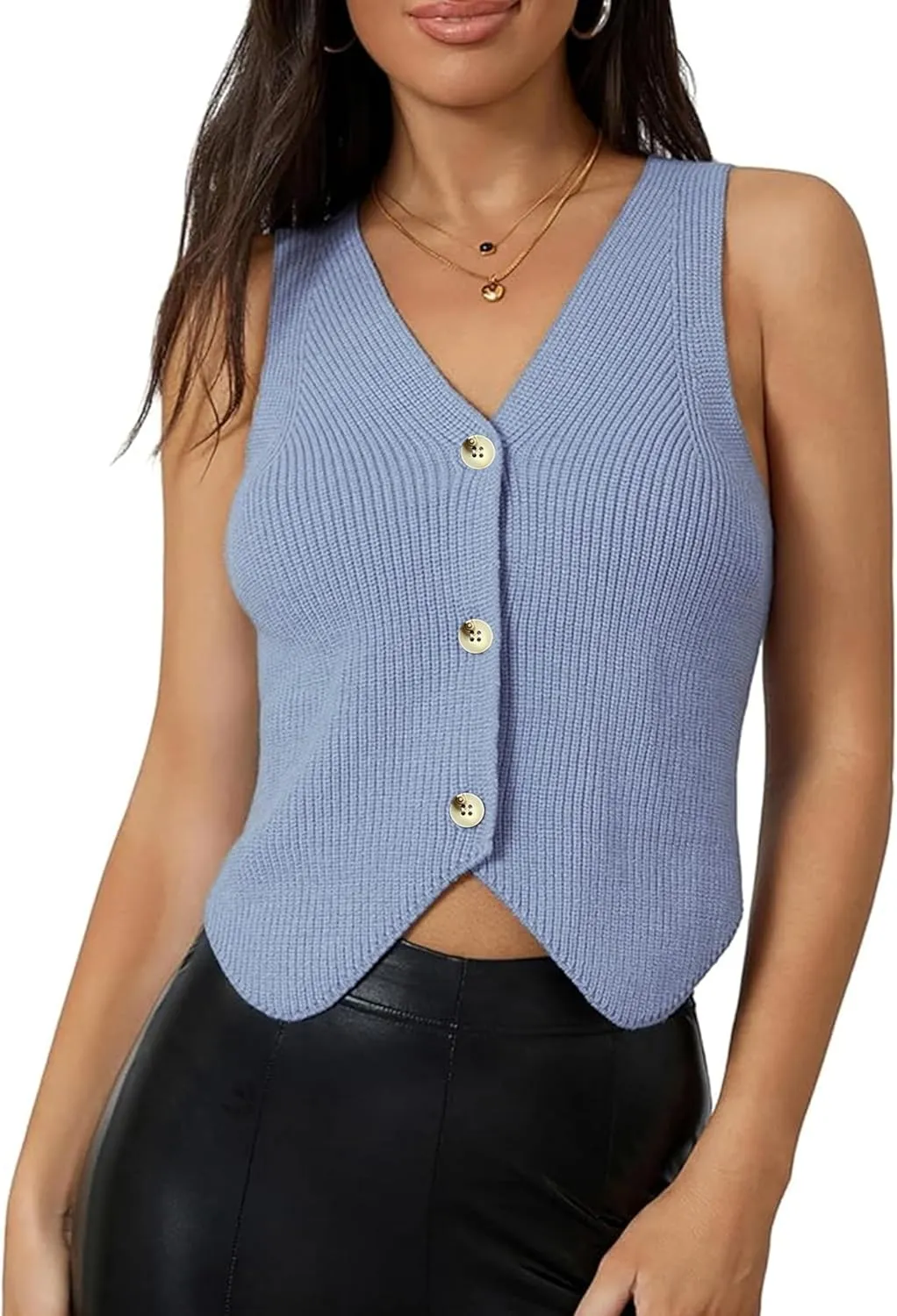 Women's Sleeveless Sweater Vest Casual V Neck Cropped Button Down Knit Vest Tank Tops