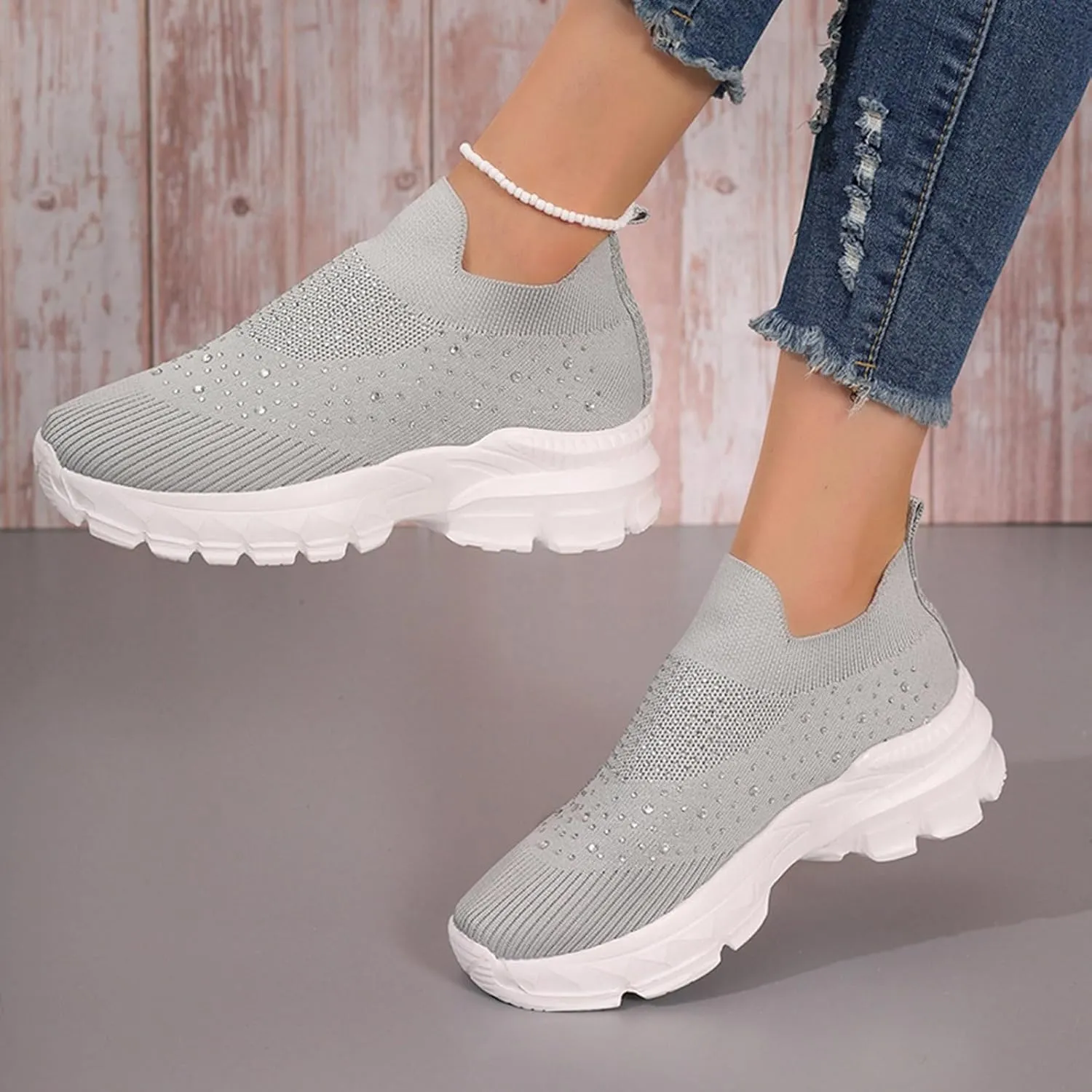 Women's Slip on Walking Shoes Rhinestone Comfy Rhinestone Knitted Non Slip Arch Support Running Shoes Breathable Gym Workout Shoes Lightweight Fashion Sneakers