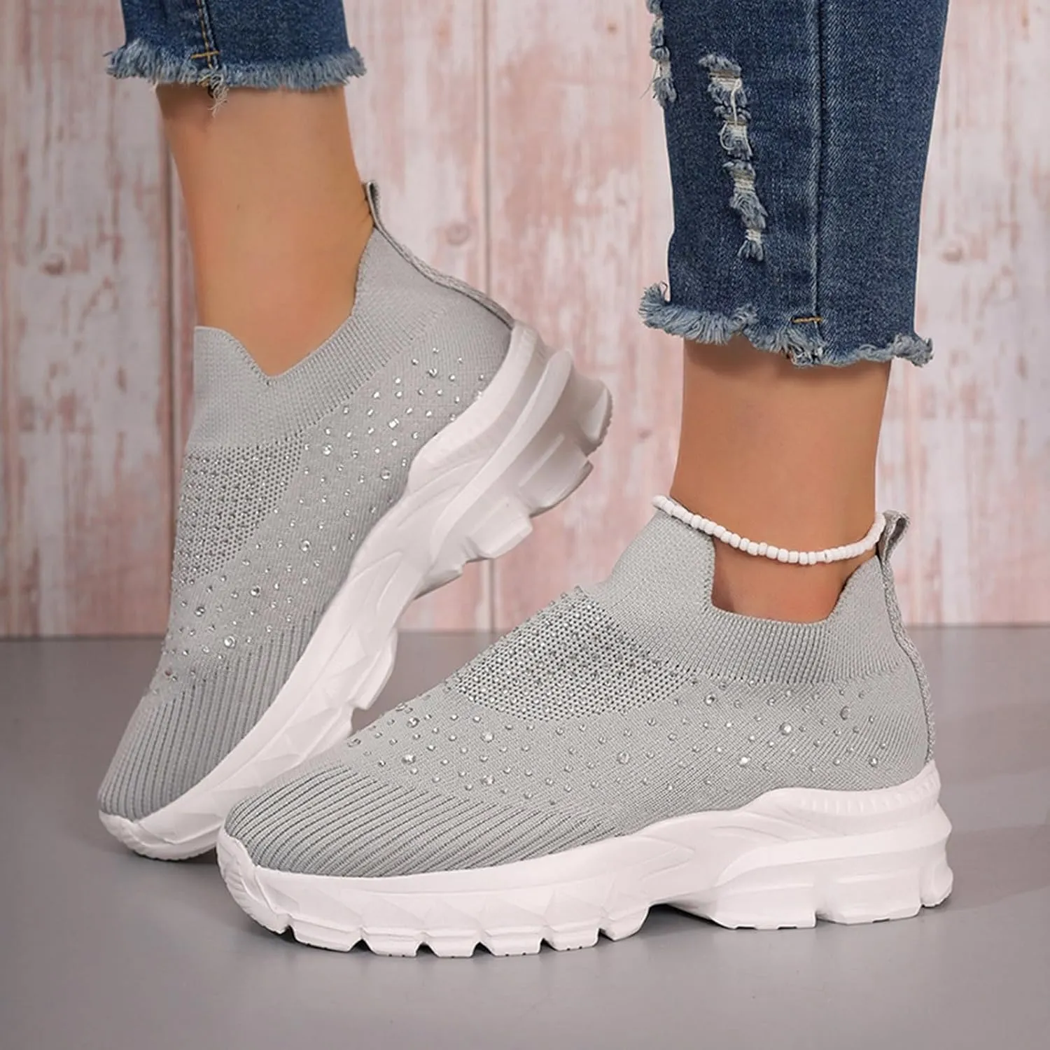Women's Slip on Walking Shoes Rhinestone Comfy Rhinestone Knitted Non Slip Arch Support Running Shoes Breathable Gym Workout Shoes Lightweight Fashion Sneakers