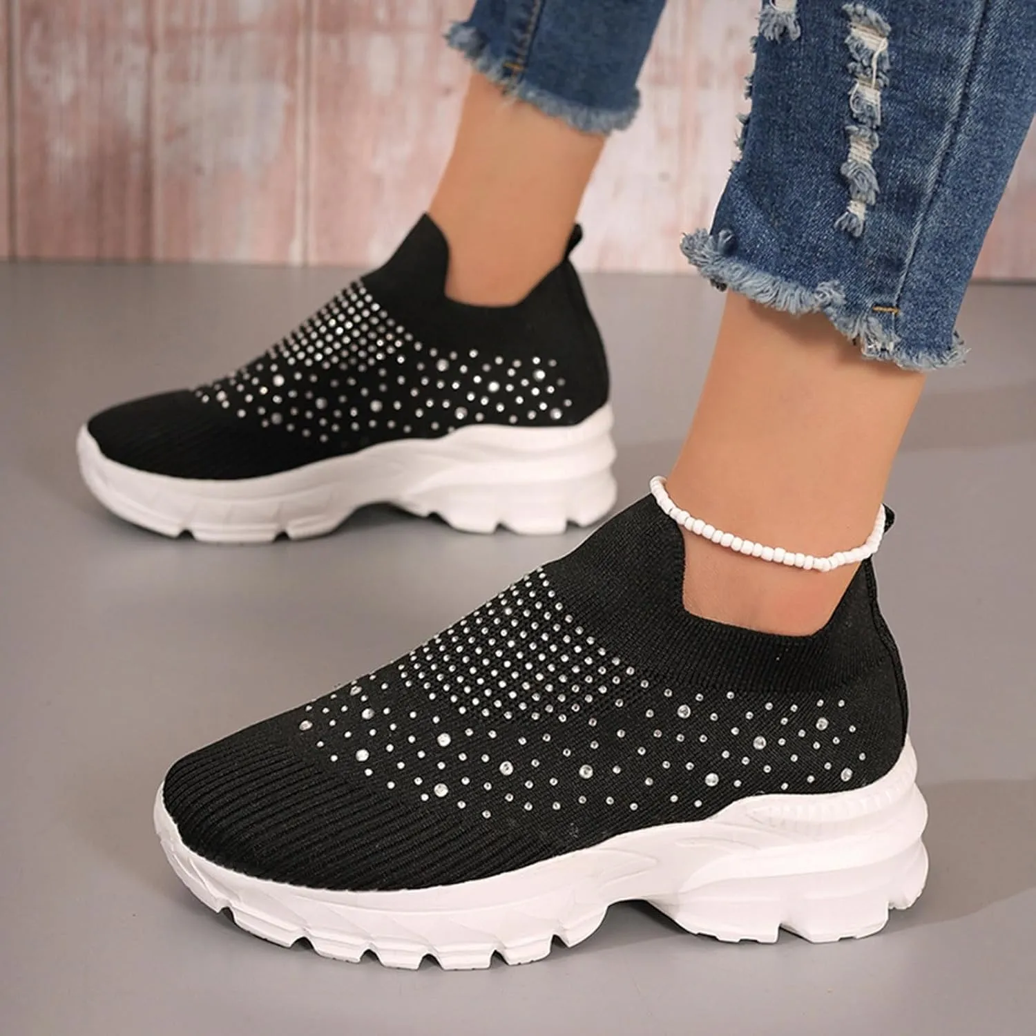 Women's Slip on Walking Shoes Rhinestone Comfy Rhinestone Knitted Non Slip Arch Support Running Shoes Breathable Gym Workout Shoes Lightweight Fashion Sneakers