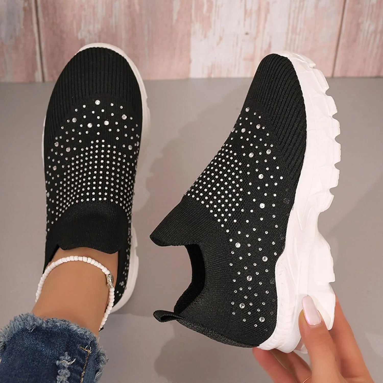 Women's Slip on Walking Shoes Rhinestone Comfy Rhinestone Knitted Non Slip Arch Support Running Shoes Breathable Gym Workout Shoes Lightweight Fashion Sneakers