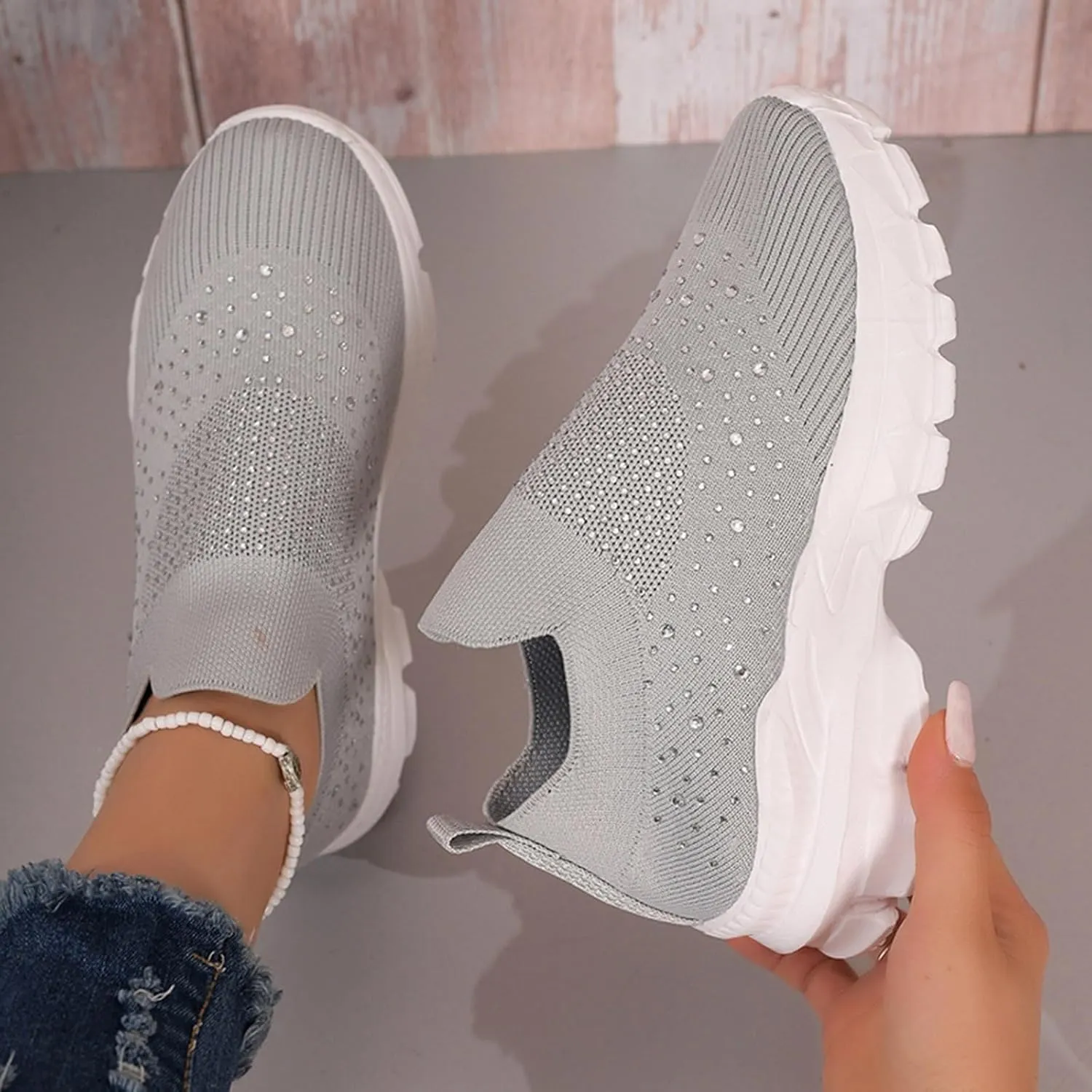 Women's Slip on Walking Shoes Rhinestone Comfy Rhinestone Knitted Non Slip Arch Support Running Shoes Breathable Gym Workout Shoes Lightweight Fashion Sneakers