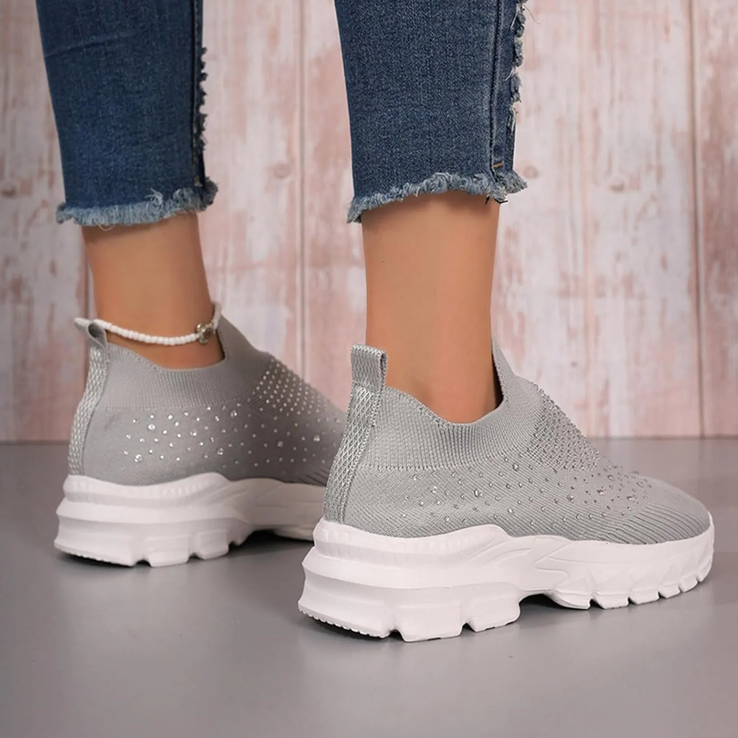 Women's Slip on Walking Shoes Rhinestone Comfy Rhinestone Knitted Non Slip Arch Support Running Shoes Breathable Gym Workout Shoes Lightweight Fashion Sneakers
