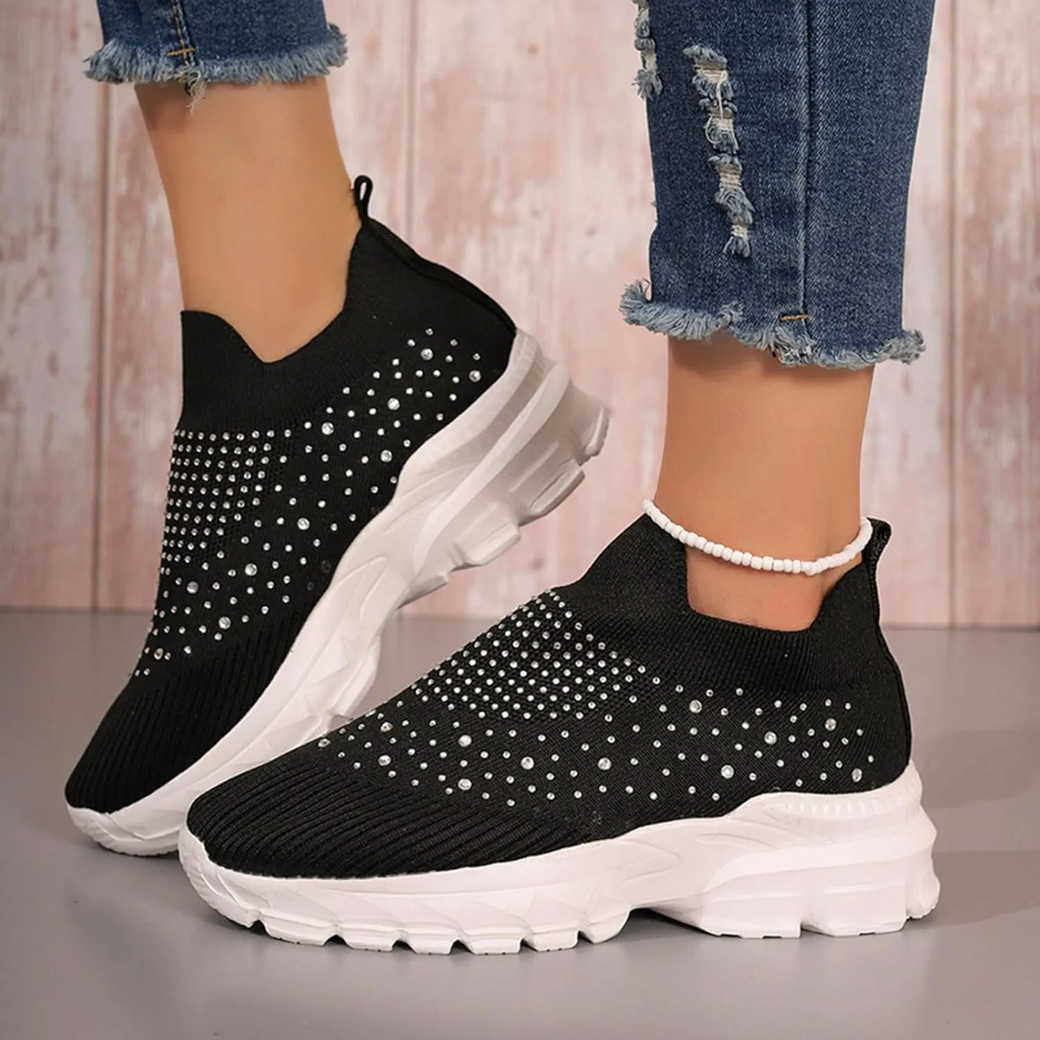 Women's Slip on Walking Shoes Rhinestone Comfy Rhinestone Knitted Non Slip Arch Support Running Shoes Breathable Gym Workout Shoes Lightweight Fashion Sneakers