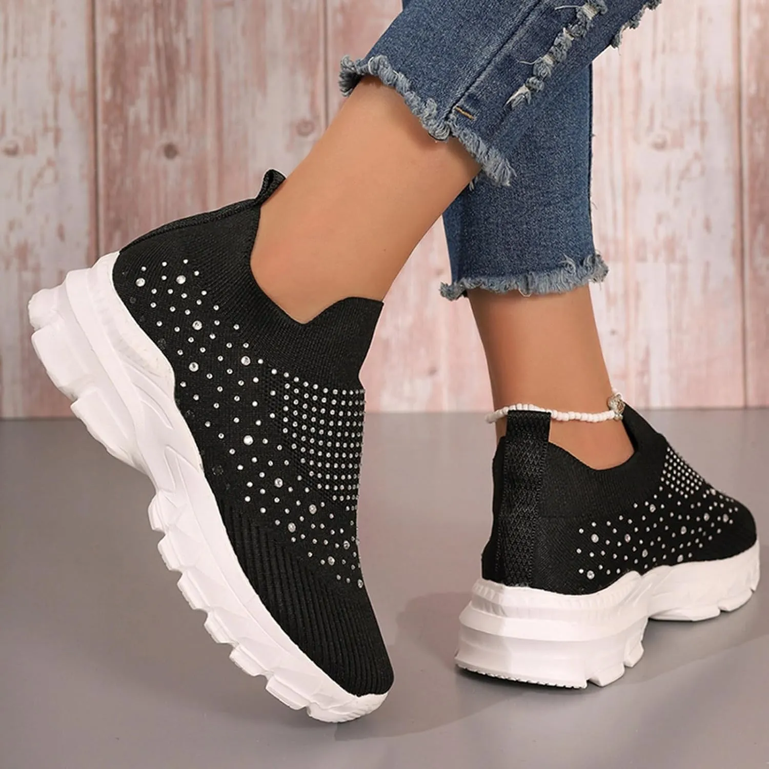 Women's Slip on Walking Shoes Rhinestone Comfy Rhinestone Knitted Non Slip Arch Support Running Shoes Breathable Gym Workout Shoes Lightweight Fashion Sneakers