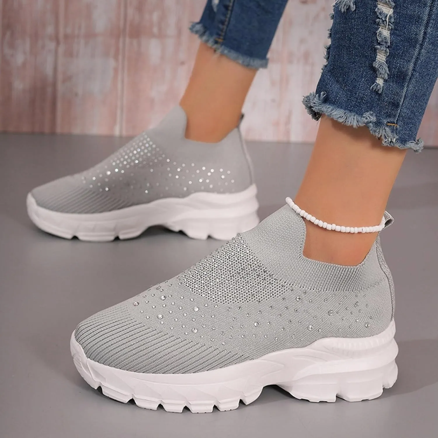 Women's Slip on Walking Shoes Rhinestone Comfy Rhinestone Knitted Non Slip Arch Support Running Shoes Breathable Gym Workout Shoes Lightweight Fashion Sneakers