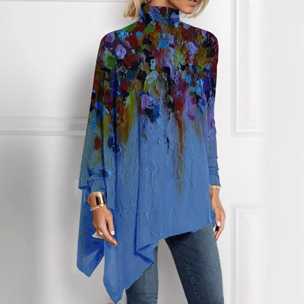 Women's Spring Boho Floral Mock Neck Asymmetrical Hem Long Sleeve Tunic Top Casual Loose Turtleneck Blouse Shirt