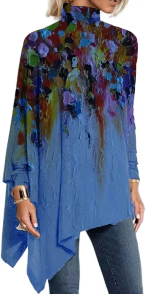 Women's Spring Boho Floral Mock Neck Asymmetrical Hem Long Sleeve Tunic Top Casual Loose Turtleneck Blouse Shirt