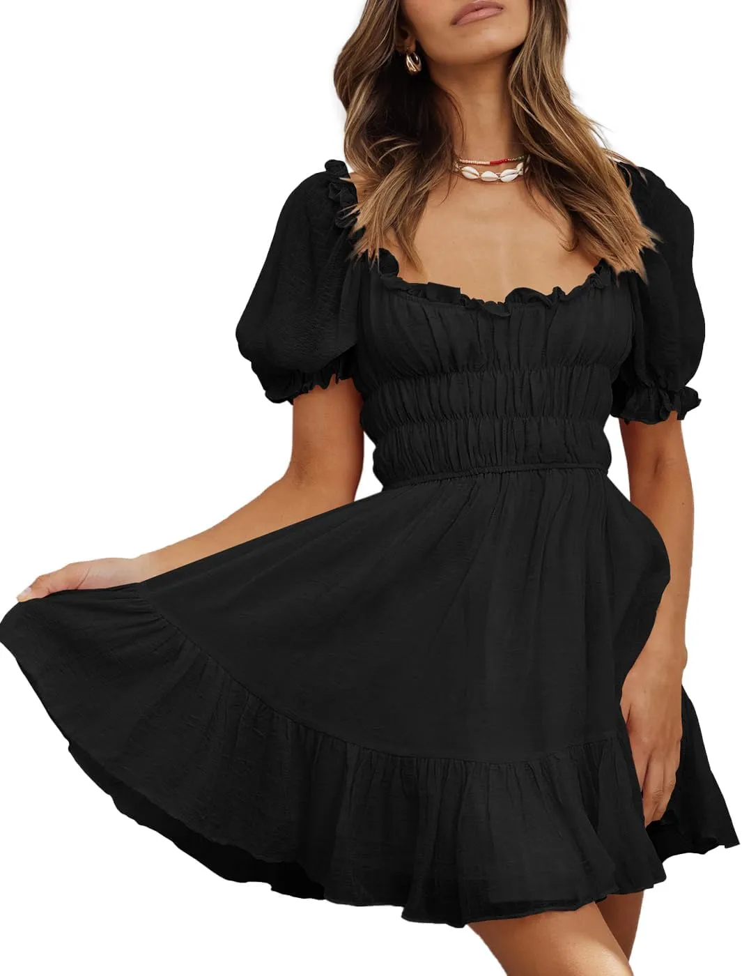 Women's Square Neck Puff Sleeve Mini Dresses Ruffle Elastic Waist A-Line Elegant Summer Casual Flowy Mini Dress