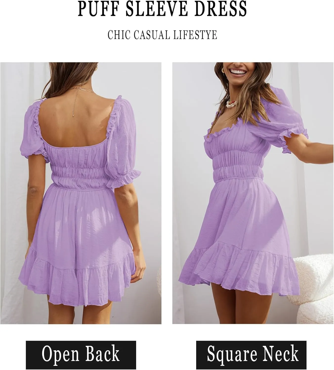 Women's Square Neck Puff Sleeve Mini Dresses Ruffle Elastic Waist A-Line Elegant Summer Casual Flowy Mini Dress