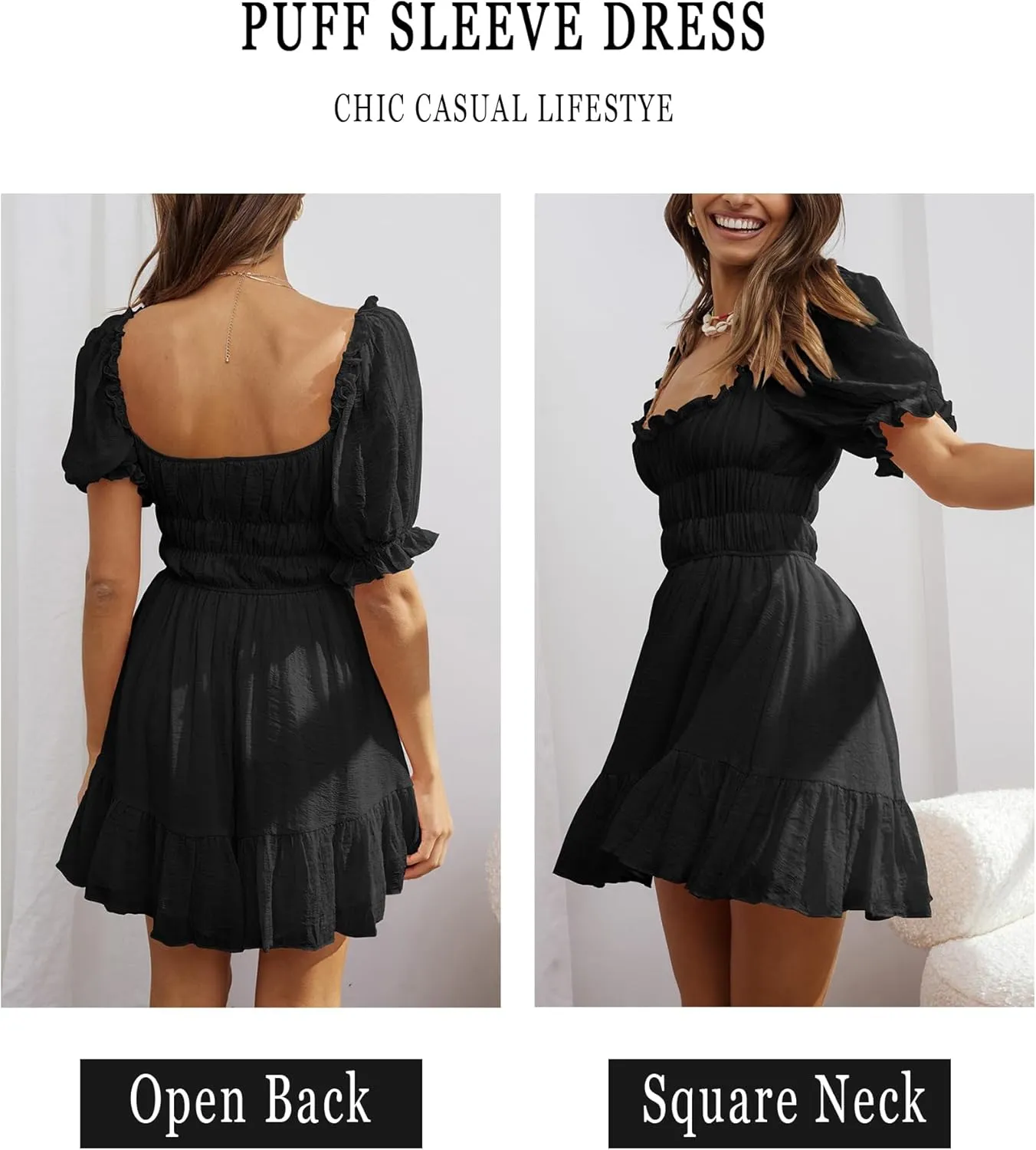 Women's Square Neck Puff Sleeve Mini Dresses Ruffle Elastic Waist A-Line Elegant Summer Casual Flowy Mini Dress