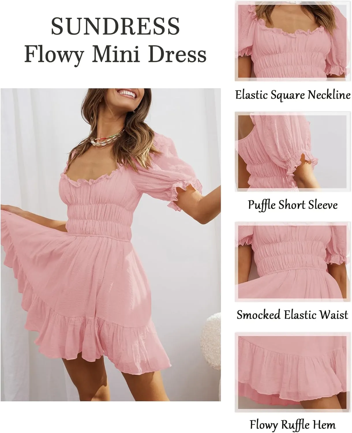 Women's Square Neck Puff Sleeve Mini Dresses Ruffle Elastic Waist A-Line Elegant Summer Casual Flowy Mini Dress