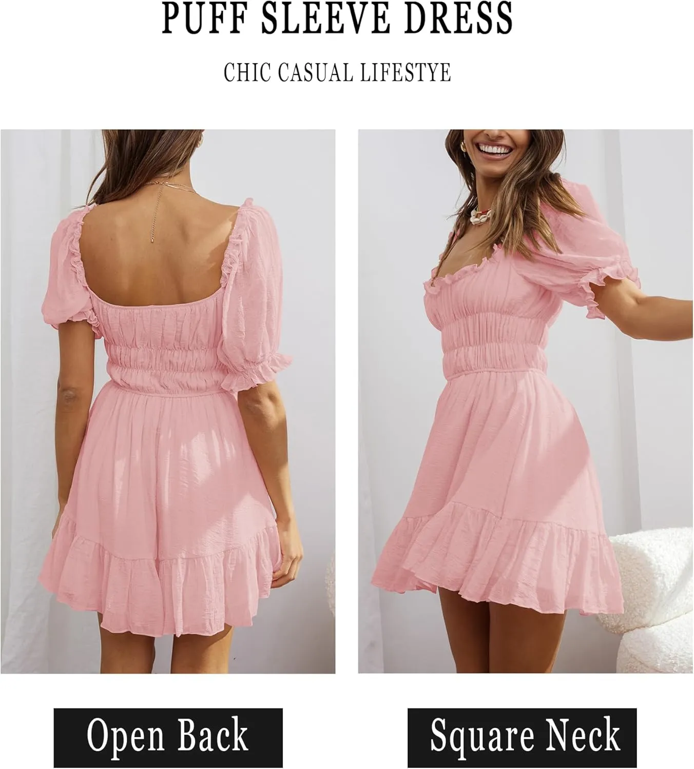 Women's Square Neck Puff Sleeve Mini Dresses Ruffle Elastic Waist A-Line Elegant Summer Casual Flowy Mini Dress