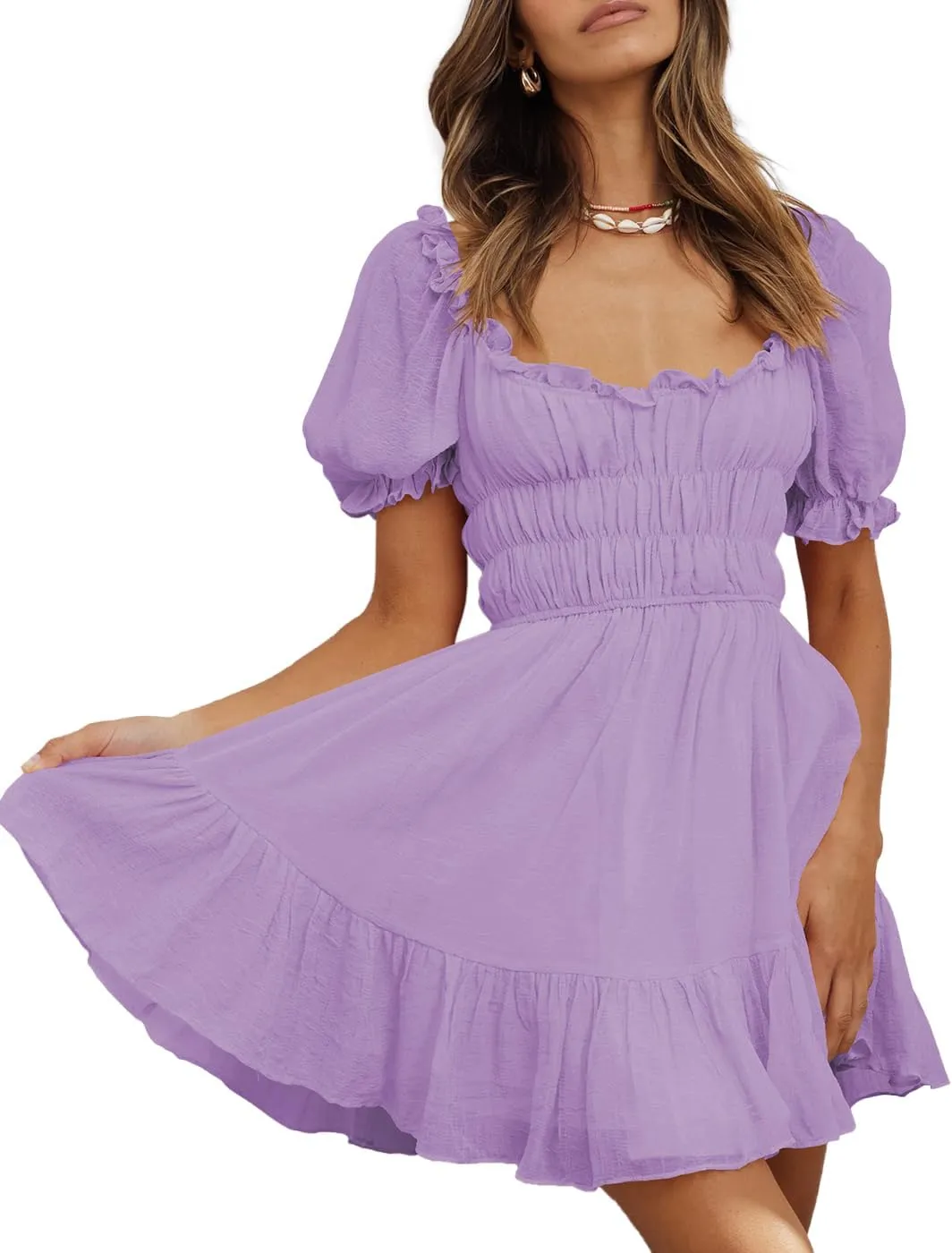 Women's Square Neck Puff Sleeve Mini Dresses Ruffle Elastic Waist A-Line Elegant Summer Casual Flowy Mini Dress