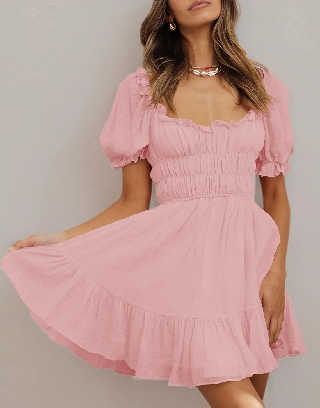 Women's Square Neck Puff Sleeve Mini Dresses Ruffle Elastic Waist A-Line Elegant Summer Casual Flowy Mini Dress