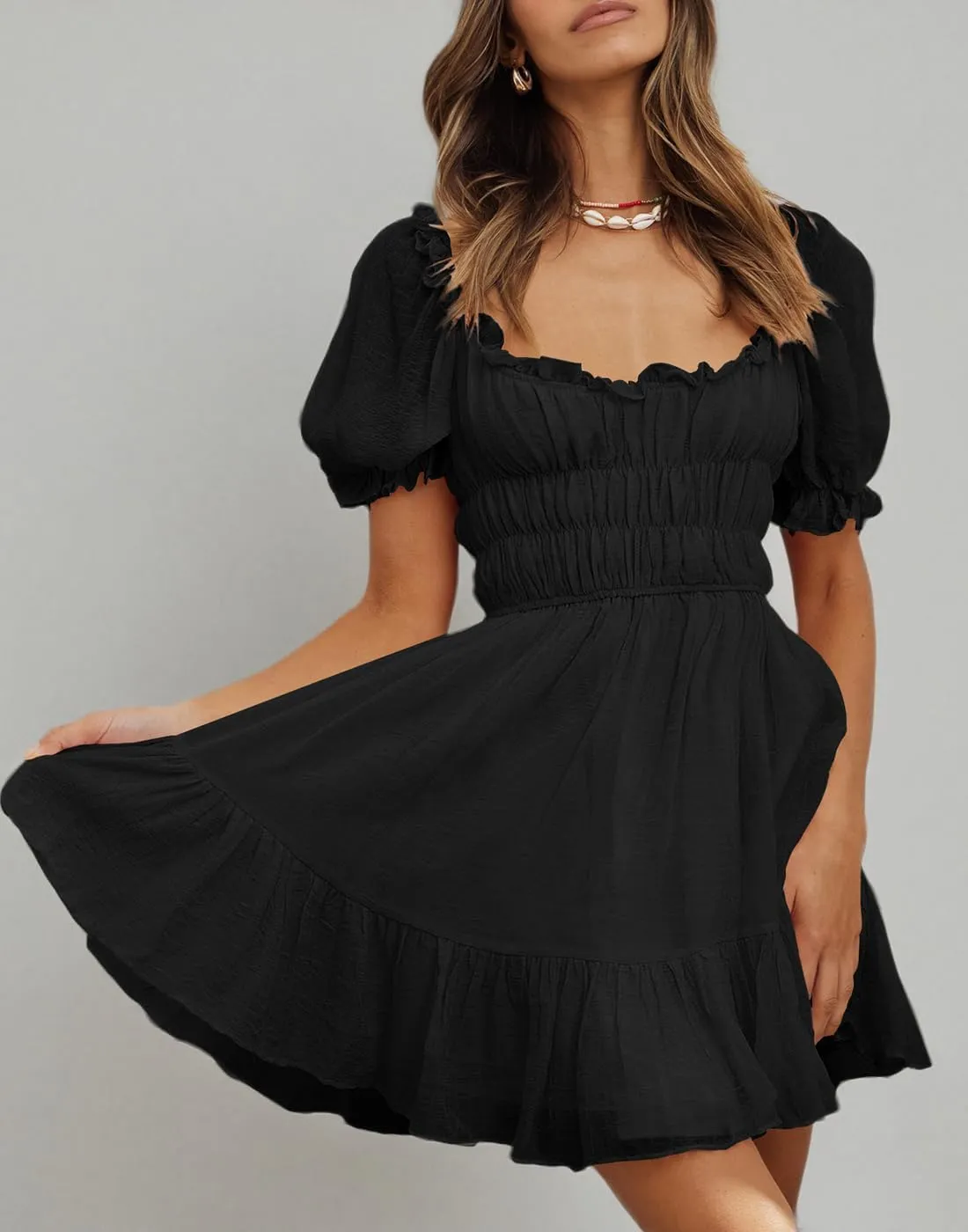 Women's Square Neck Puff Sleeve Mini Dresses Ruffle Elastic Waist A-Line Elegant Summer Casual Flowy Mini Dress