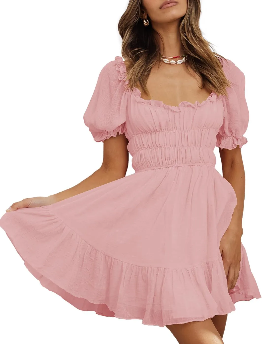 Women's Square Neck Puff Sleeve Mini Dresses Ruffle Elastic Waist A-Line Elegant Summer Casual Flowy Mini Dress