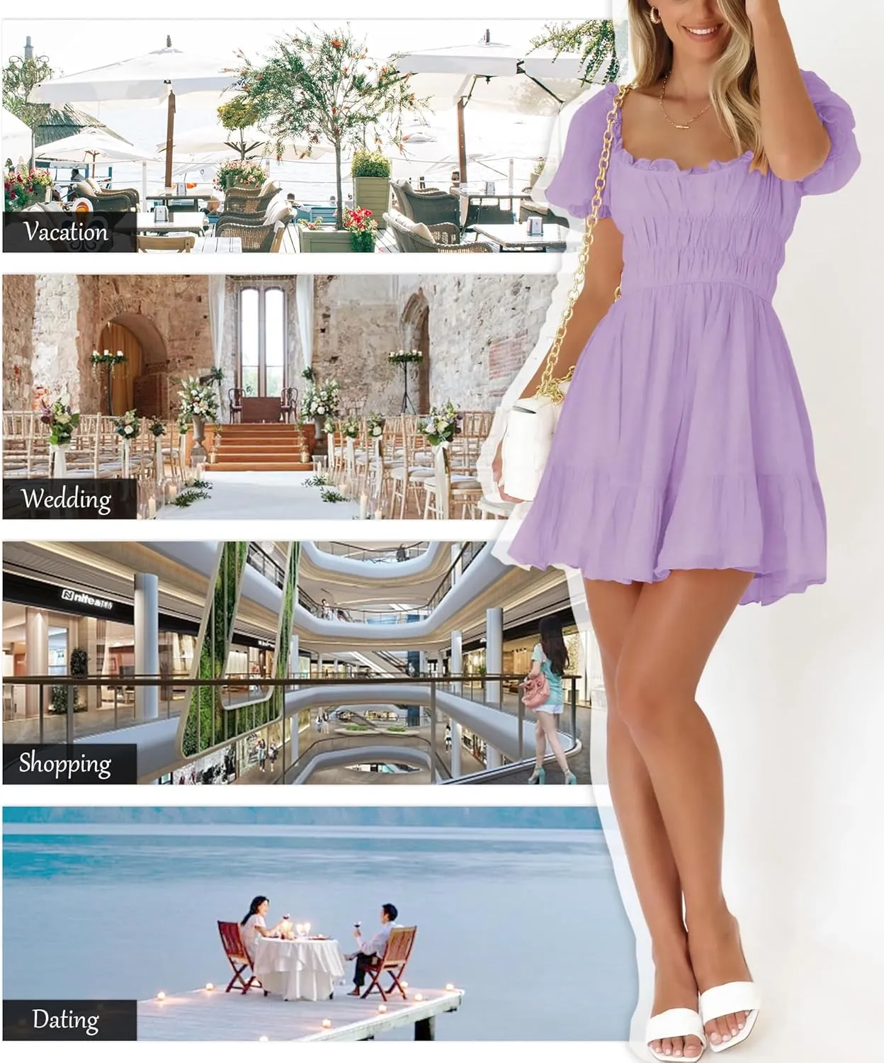 Women's Square Neck Puff Sleeve Mini Dresses Ruffle Elastic Waist A-Line Elegant Summer Casual Flowy Mini Dress