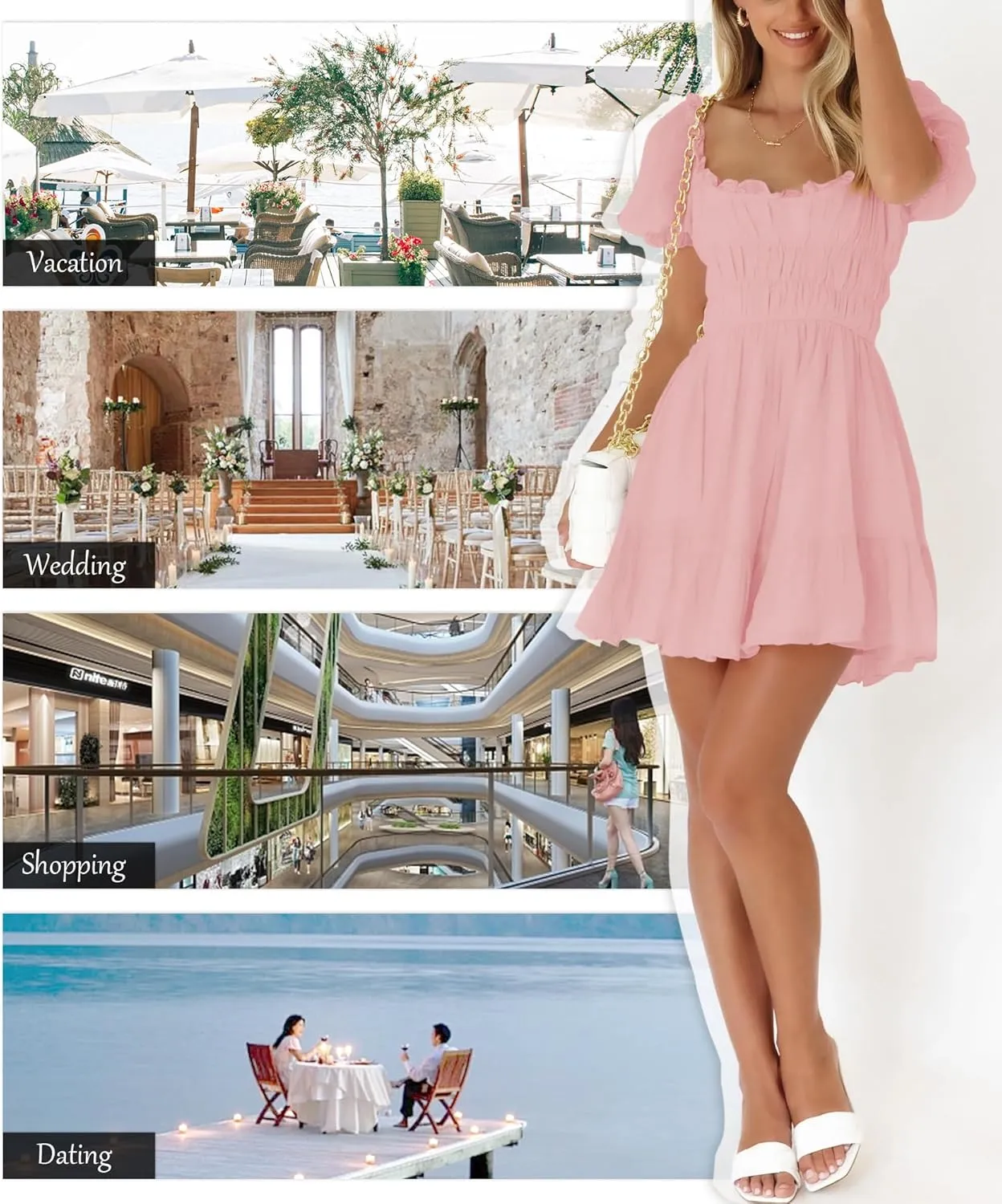 Women's Square Neck Puff Sleeve Mini Dresses Ruffle Elastic Waist A-Line Elegant Summer Casual Flowy Mini Dress