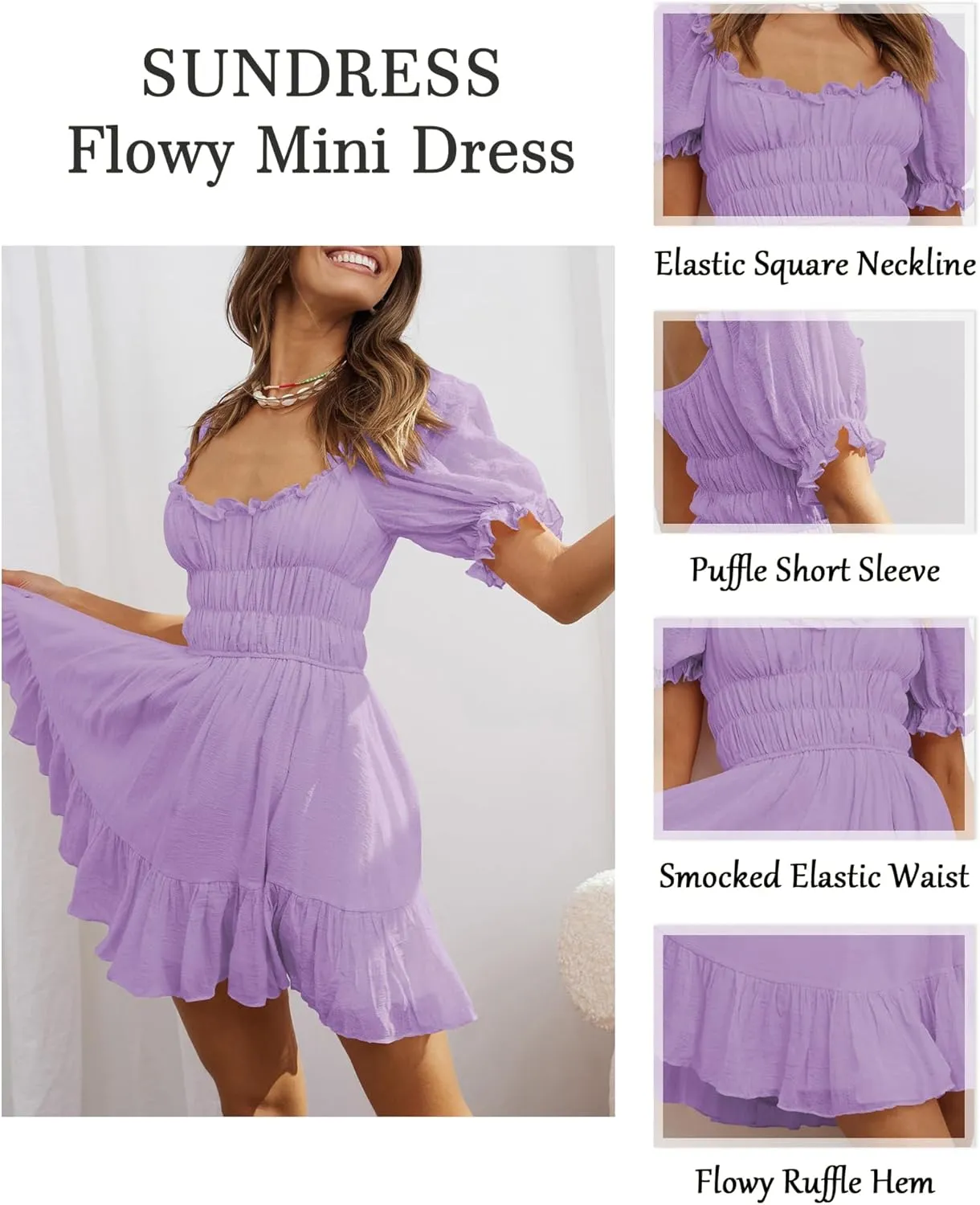 Women's Square Neck Puff Sleeve Mini Dresses Ruffle Elastic Waist A-Line Elegant Summer Casual Flowy Mini Dress