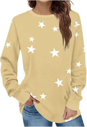 Women's Star Crewneck Sweatshirt Casual Long Sleeve Pullover Loose Comfy Sweater Fall Oversized Top Leisure Resort