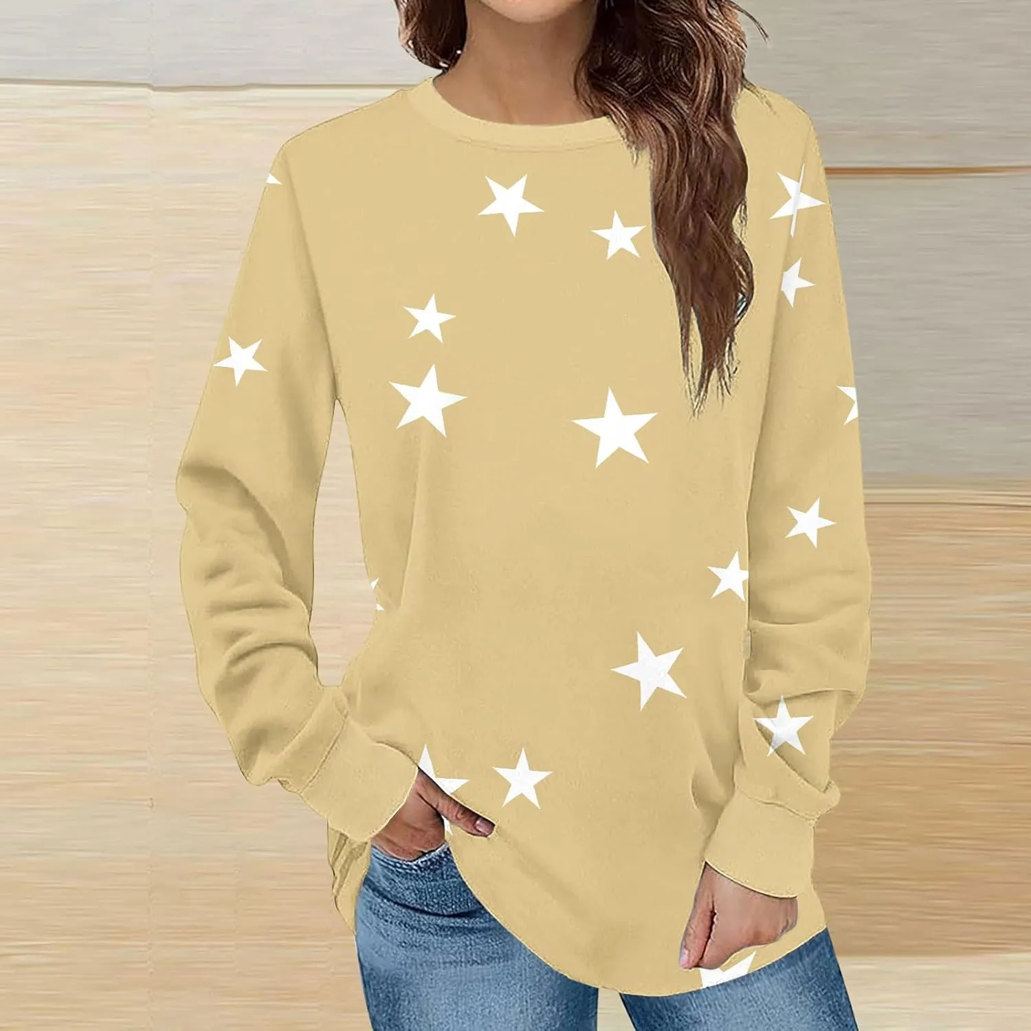 Women's Star Crewneck Sweatshirt Casual Long Sleeve Pullover Loose Comfy Sweater Fall Oversized Top Leisure Resort
