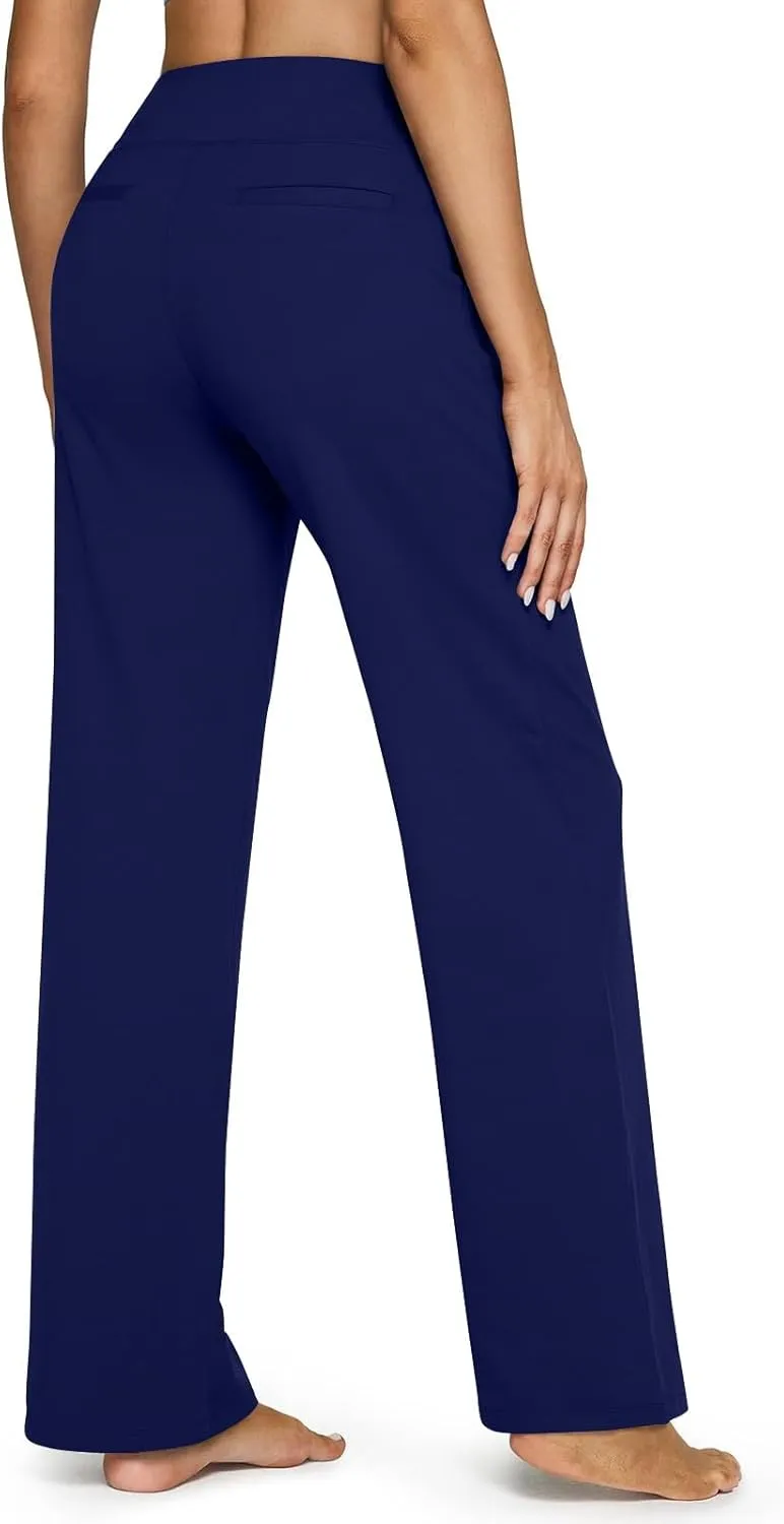 Women's Straight Leg Yoga Pants with Pockets High Waist Office Work Stretch Dress Pants Baggy Trouser Sweatpants