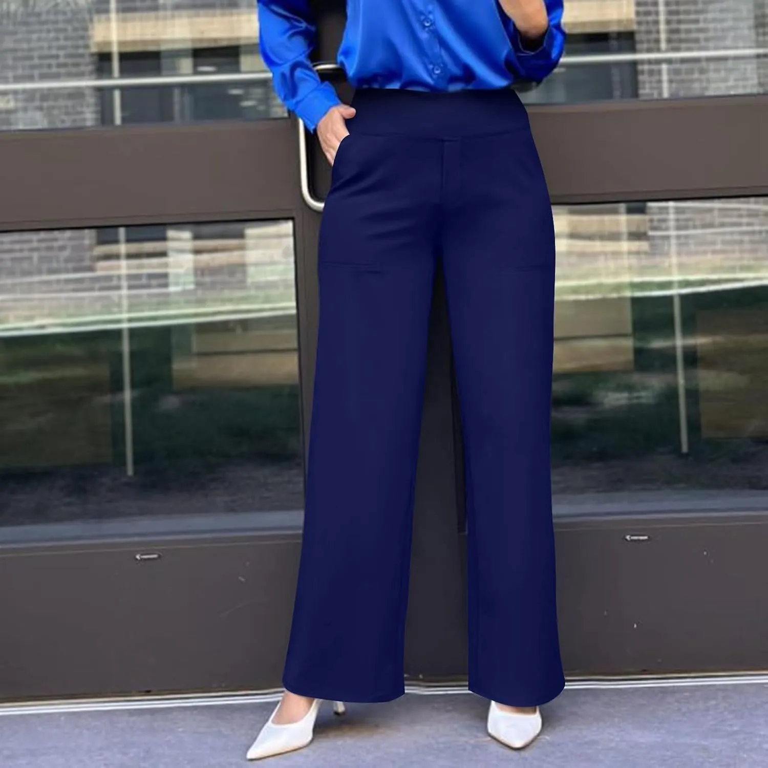 Women's Straight Leg Yoga Pants with Pockets High Waist Office Work Stretch Dress Pants Baggy Trouser Sweatpants